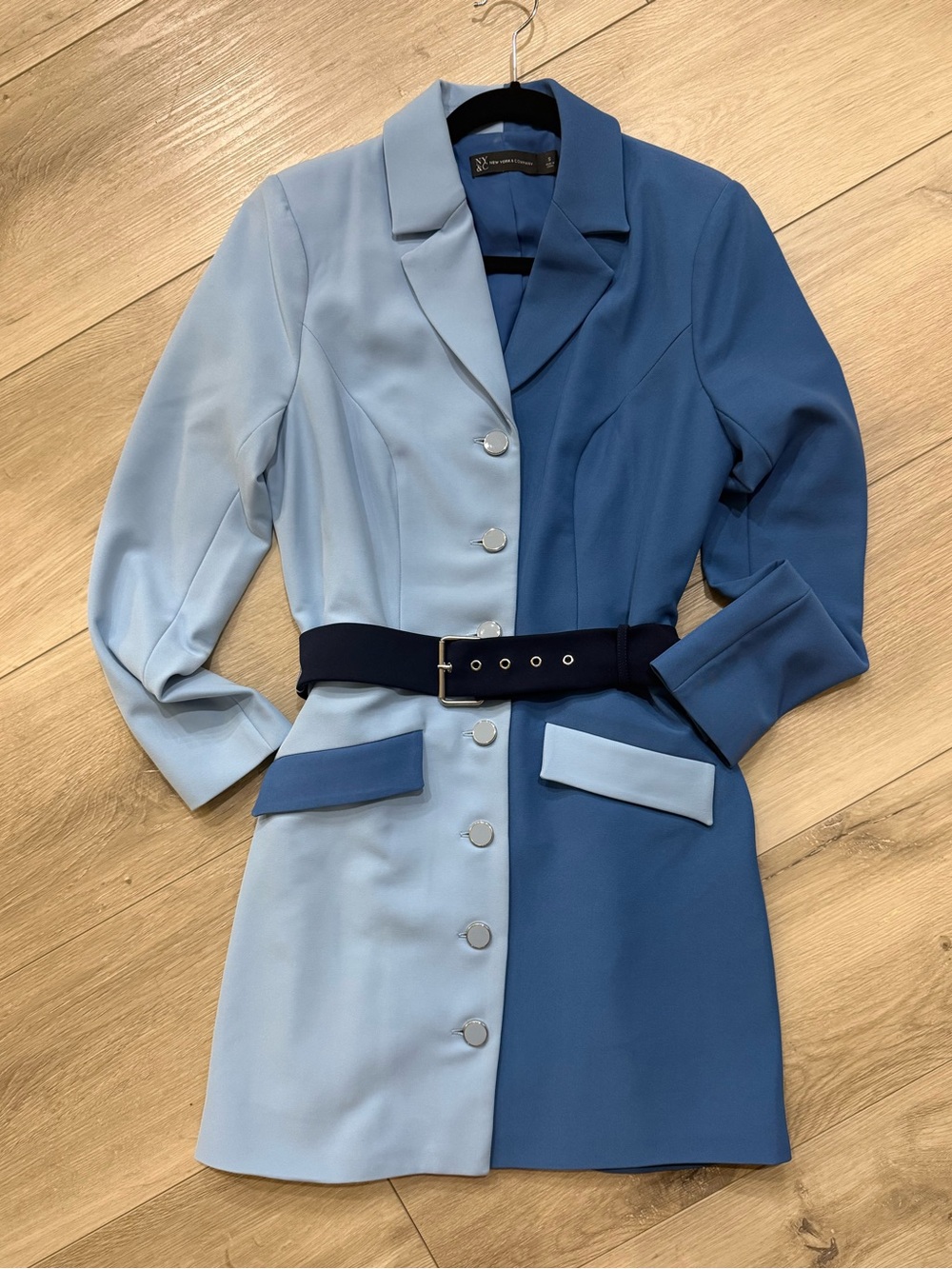 New York & Company Two-Tone Light Blue and Medium Blue Blazer Dress